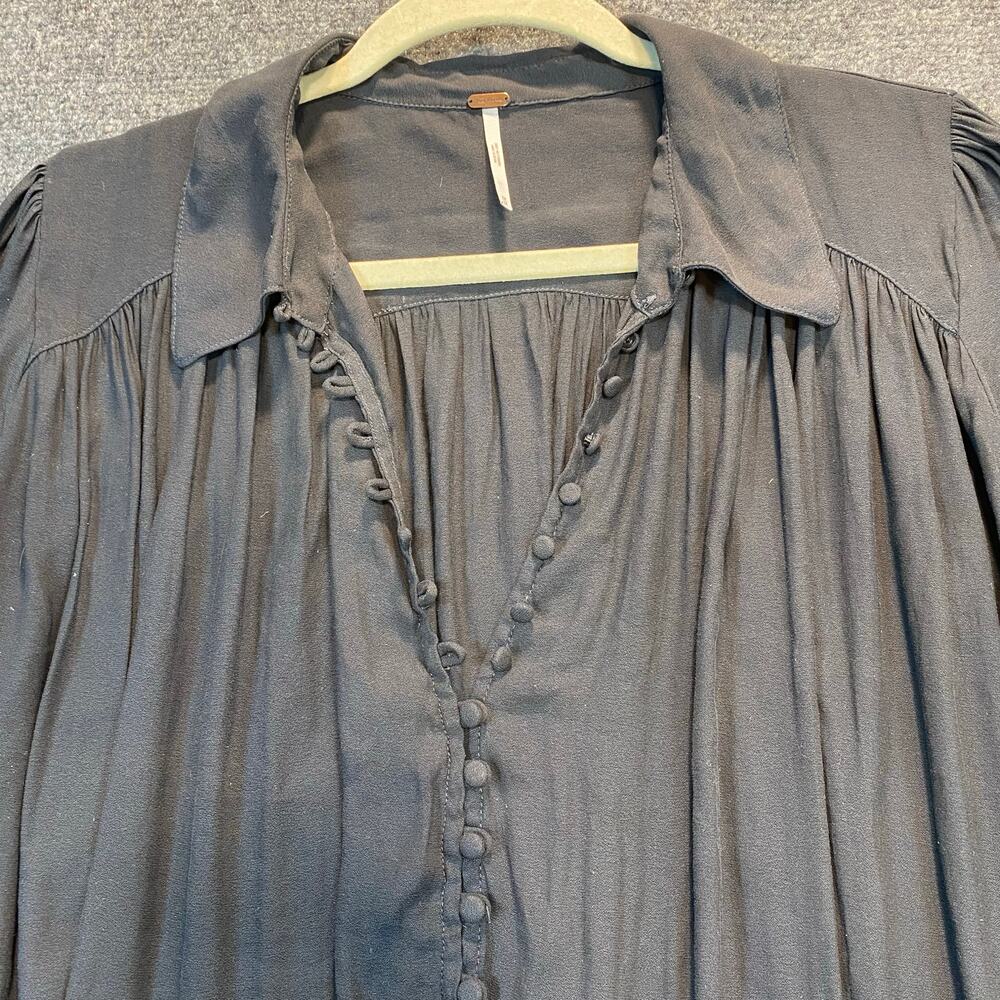Free People Women Medium Black Muse Flowy Button Down Blouse Shirt Whimsygoth - Picture 2 of 8
